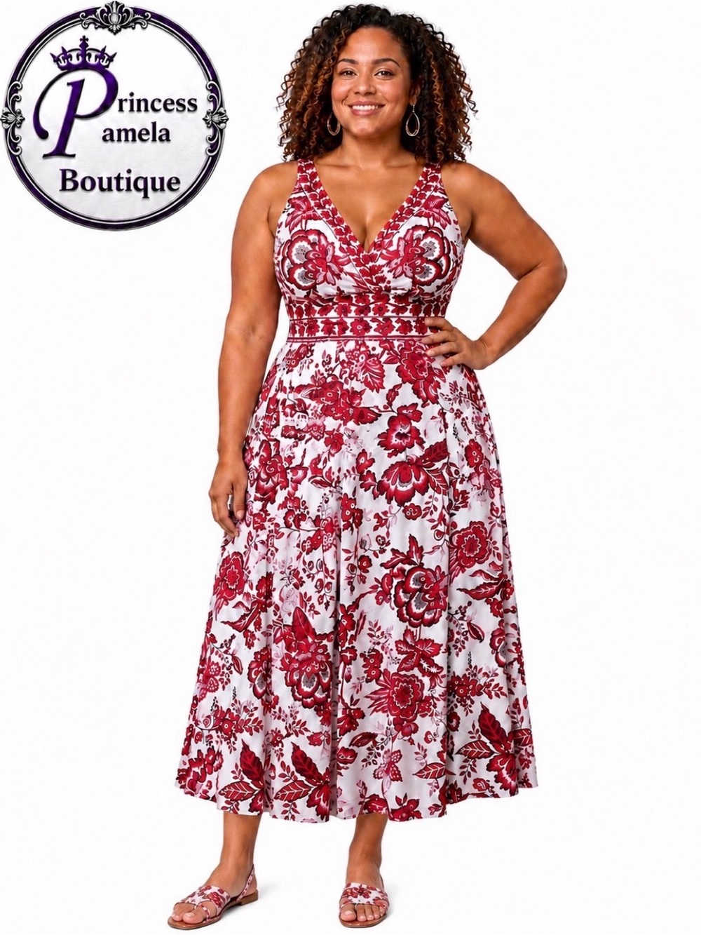 #S66 Scarlet Red Two-Piece Floral Print Ruched Mesh Swimsuit and Sarong/Size 30
